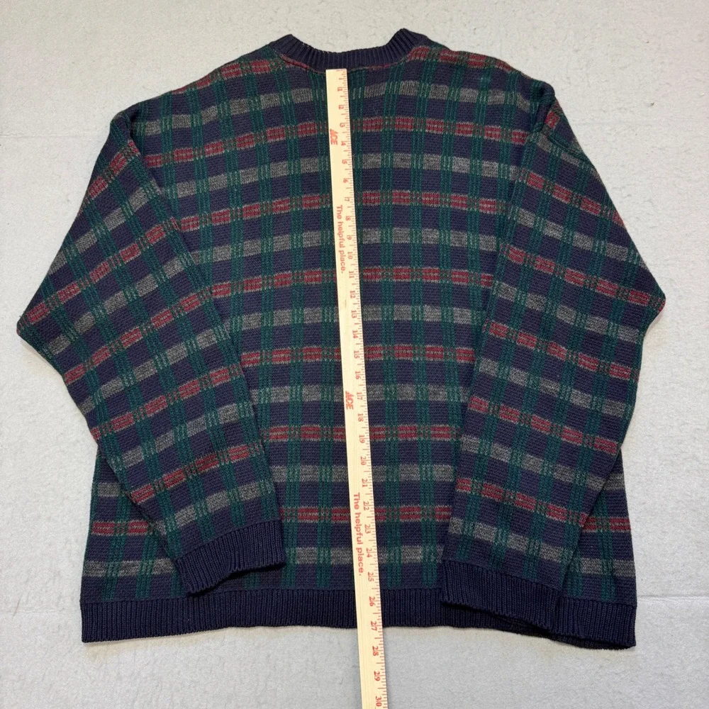 VTG 90s‎ Arcadia Sweater Mens L Blue Red Green Plaid Knit Made in USA Crewneck
